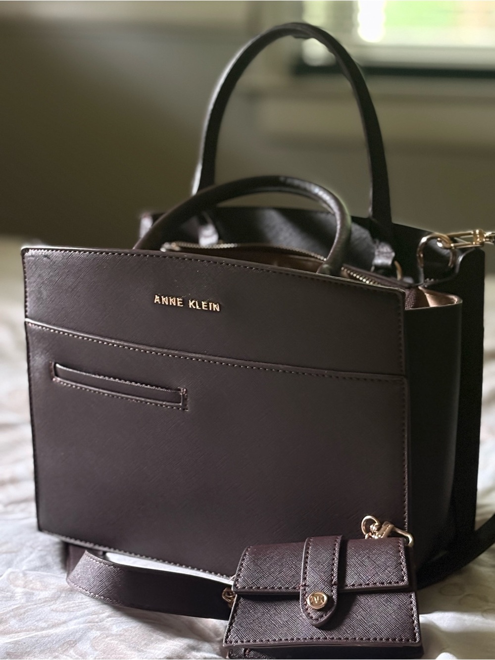 Anne Klein Dark Brown Structured Satchel with Gold Hardware